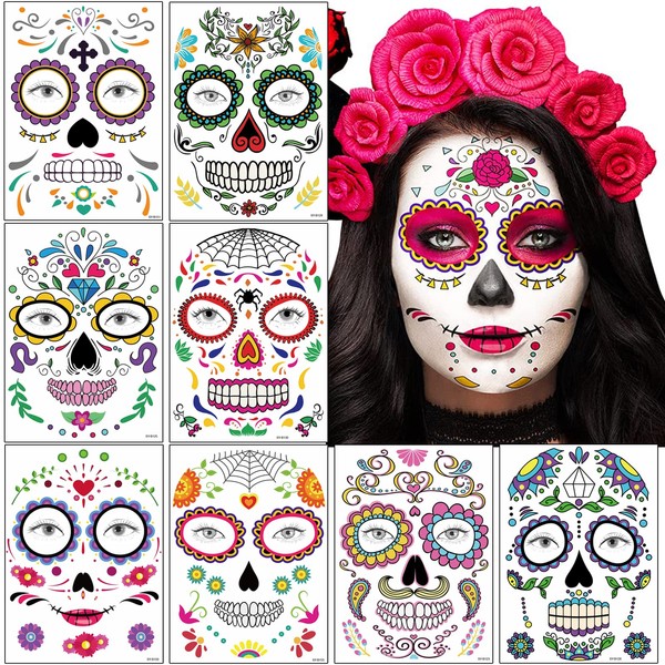 8 Sheets Halloween Face Tattoos Day of the Dead Skull Skeleton Spider Web Red Roses Temporary Tattoo Stickers for Men Women Halloween Dia De Los Scary Party Theme Party Masquerade