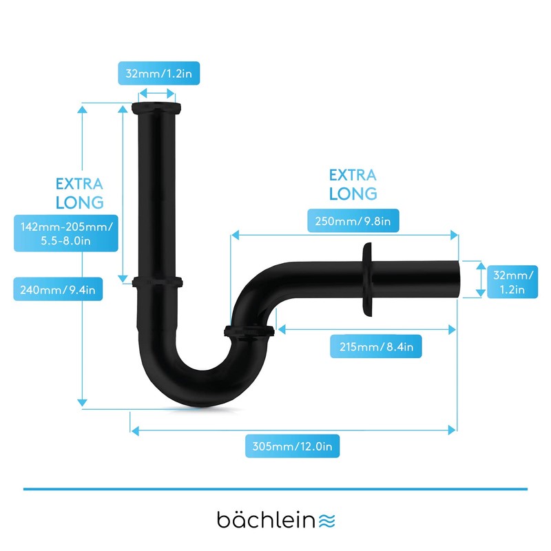Bächlein Universal Tubular Siphon [Extra Long Black] for Washbasin &