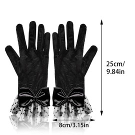 Women Lace Gloves Wedding Tea Party Bow Short Gloves Princess Bridal Evening Opera Costume Accessories (Black)