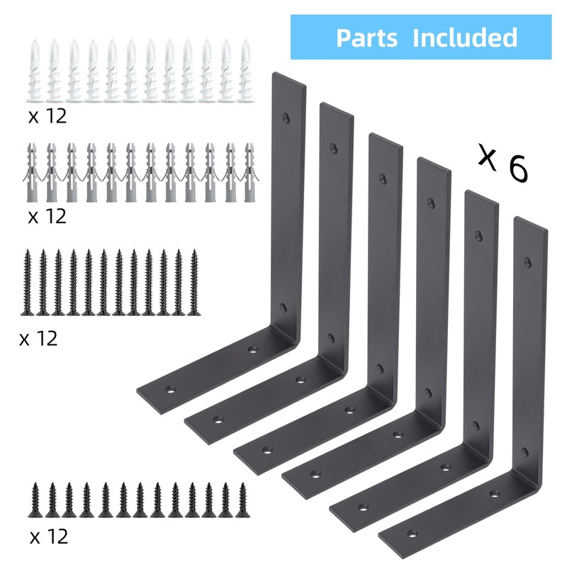 6-Pack Heavy Duty 12-Inch Black Shelf Brackets, L Shelf Bracket