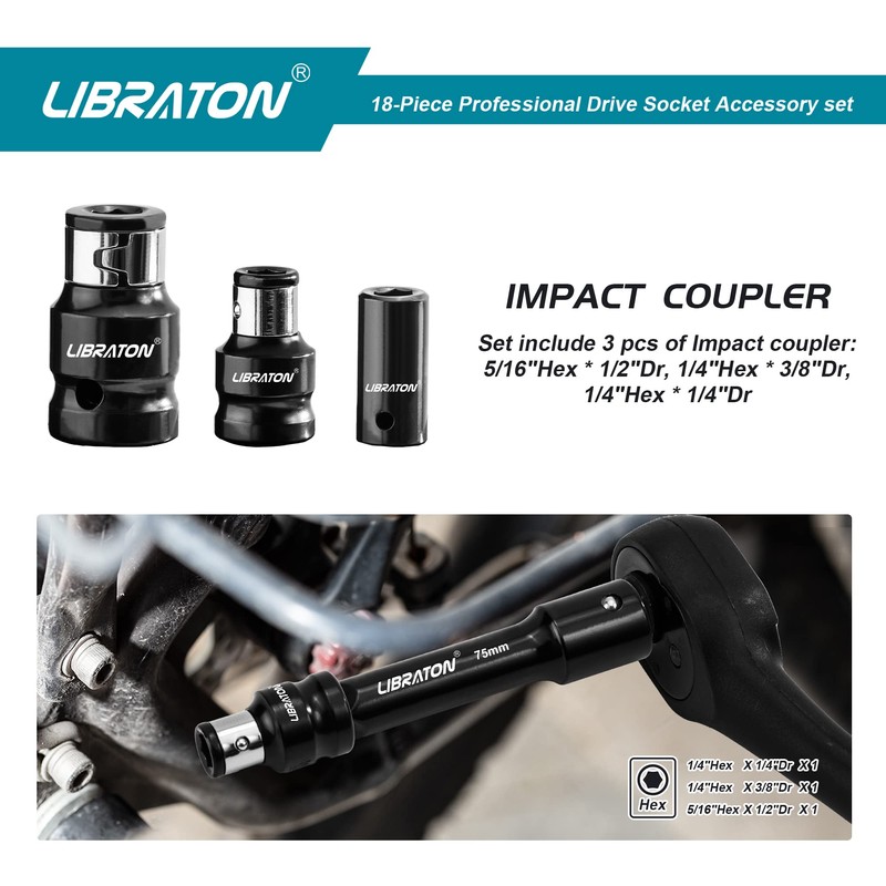 LIBRATON Socket Extension and Ratchet Set 18PCs - Impact Socket
