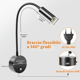 HOTUT Lampada da Lettura da Parete, Lampada da Lettura Sul Comodino a Collo di Cigno, Luce da Lettura da Comodino Dimmerabile, Applique da Lettura LED con Porta di Ricarica USB, 3000/4500/6000K