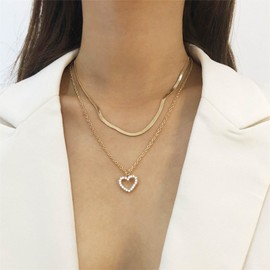 Cimenexe Bohemian Layered Crystal Heart Pendant Necklace Gold CZ Hollow Heart Choker Necklace Flat Herringbone Chain Rhinestone Love Heart Charm Necklace Jewellery for Women Gifts, Zinc, No Gemstone