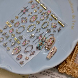 Gold Frame Nail Stickers Vintage Frame Conch Nail Designs Flower 5D Embossed Golden Rose 3D Self-Adhesive Floral Nail Decals for Women DIY Manicure 1 Sheet