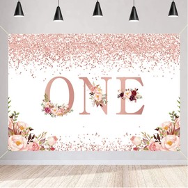 Tecreo Happy 1st Birthday Backdrop Banner Party Decoration for Girl Happy 1 Year Old Fabric Sign Poster, Glitter Rose Pink Floral Photography Background First Birthday Party Supplies, 120x80cm