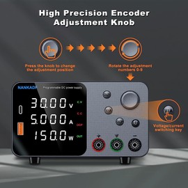 DC Power Supply, Bench Power Supply with Encoder Adjustment, 5V/3.6A USB&Type-C Quick-Charge, Adjustable Power Supply with Output Enable/Disable Button, Short Circuit Alarm