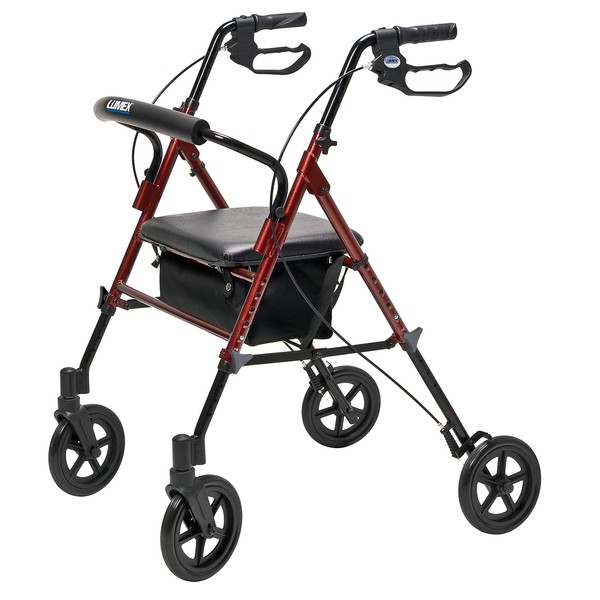 Lumex Set n' Go Wide Rollator, Height-Adjustable Walker with Wide Seat, Short and Tall Use, Burgundy