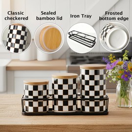 Small Checkered Kitchen Canister Set of 3 with Black Metal Stand,17/19/27oz