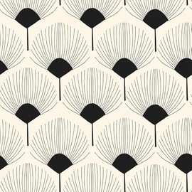 VEELIKE Beige and Black Geometric Peel and Stick Wallpaper Boho Fan Pattern Geometric Wallpaper for Bedroom Bathroom 17.7''x118'' Modern Art Deco Wall Paper Removable Self Adhesive Contact Paper