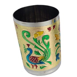Rastogi Handicrafts Set of 6 Stain less steel glass indian hand made meena work Peacock design Golden silver color Diwali Christmas Tumbler Gift set item (Golden)
