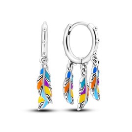 Parmuz 925 sterling silver hoop earring for woman Dangle Drop Boho vintage Feather Dangling Earring set purple Dream Catcher Simple Small Huggie earring Jewelry Gift
