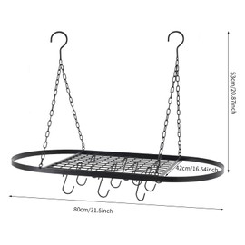 ZERNEIL Ceiling Hanging Pot Rack - 31.5×16.54×20.87inch - Black Iron Oval Pot and Pan Rack Matte Black Pot Hanger with 10 Hooks - Space-Saving for Home, Restaurant, Kitchen, Books