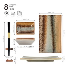 UNICASA Japanese Style Sushi Plate Set 8 Piece, Ceramic Sushi Dishes Serving Set, Include 2 Sushi Plates, 2 Sauce Dishes, 2 Pairs of Chopsticks, 2 Chopsticks Holders