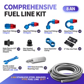 AOOSEDOO 8AN PTFE Fuel Line Kit, AN8 E85 Stainless Steel Braided PTFE Fuel Line Hose 20FT With 8AN Hose End Fittings Straight/45/90/180 Degree Red&Blue, Sliver