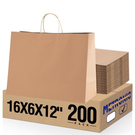 METRONIC Large Paper Bags With Handles 16x6x12 200pc, Brown Shopping Gift Bags Bulk for Small Business, Groceries, Merchandise