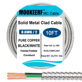 8/2 MC Cable with Ground - 10FT Pure Copper 8AWG/2 Metal Clad Wire with Aluminum Armor 8 Gauge 2 Conductor Type MC Alum Cable