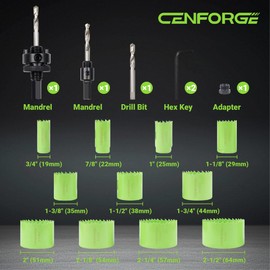 Cenforge Bi-Metal Hole Saw Kit, HoleSaw Set with 3/4" to 2-1/2" (19-64mm) Saw Blades, Mandrels, Hex Key, Drill Bit, Hole Saw for Wood, Metal, Drywall, PVC