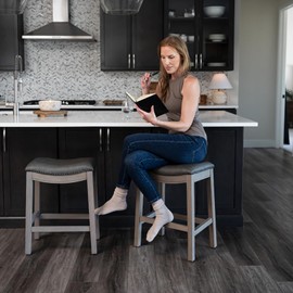 Maven Lane Adrien 26" Wood Counter Height Stool - Handcrafted Reclaimed Oak Finish with Ronan Stone Vegan Leather Upholstered Saddle Seat for Comfort - Durable Barstool for Kitchens, Dining Rooms