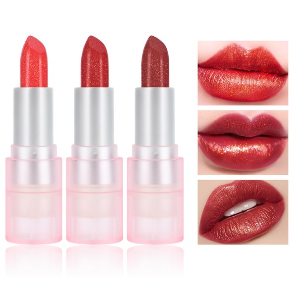 KYDA 3 Colors Glossy Lipstick, Shimmer Pearl Mermaid Lipstick, Lasting Shiny Lip Color, Moisturizing Creamy Texture, Rich Pigment Lip Tinted Stain