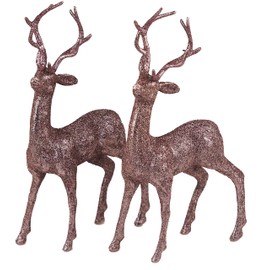 Snow White Set Of 2 Rose Gold Glitter Reindeer Figurines - Christmas Decoration Ornaments.