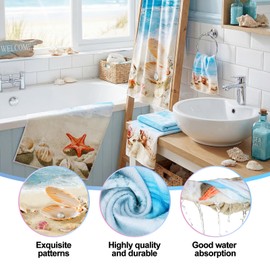 Moukeren Set of 3 Beach Bath Towels Coastal Ocean Bath Towel Hand Towels and Washcloth Soft Shell Conch Starfish Sea Nautical Decorative Towel Summer Gifts for Farmhouse Bathroom Kitchen
