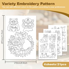 DOODLREAM 21Pcs Little Raccoon Water Soluble Hand Sewing Stabilizers, 29.7×21cm Cute Animals Embroidery Pattern Stabilizer, 4 Sheets Raccoon Stick and Stitch Embroidery Paper Sticker