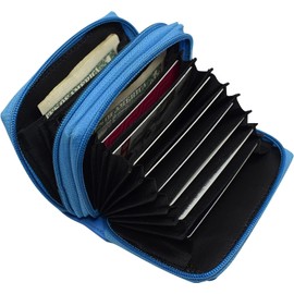 MARSHAL Genuine Leather Credit Card Holder Wallet Accordion Double Zipper with Id window (Baby Blue)
