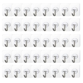 COLOGO 100 Pack Adhesive Hooks 24lb(Max) Heavy Duty Self Adhesive Hooks, Transparent Reusable Seamless Adhesive Wall Hooks for Kitchens, Bathroom, Office