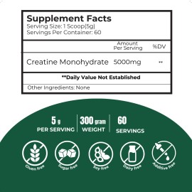 Creatine Monohydrate Powder Muscle gain (Micronized) 5g per serv 300g Unflavored