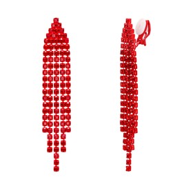 Clearine Clip-on Tassel Earrings Bridal Rhinestone Long Chain Drop Dangle Earrings for Women Wedding Party Prom Ruby Red-Tone
