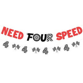 Sursurprise Need Four Speed Birthday Decorations, Need Four Speed Banner, Checkered Flag Banner, Race Car 4th Birthday Party Supplies for Boys