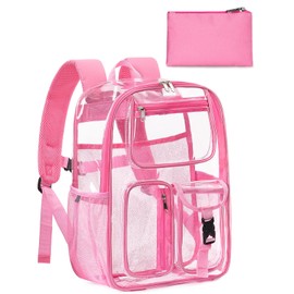 QOECI Heavy Duty Clear Backpack For School, 17 Inch Clear Bookbag For Kids Boys Girls Women Men, Large See Through Backpack With An Extra Pouch Accessories, Multi-Pockets Tranparent Bag, College, Pink