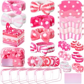 Wavwavw 48 Pcs Spa Party Favors Sleepover Party Supplies for Women Slumber Supplies Eye Mask Makeup Headband Hair Scrunchies Toiletry Bag Towels Greeting Cards Wristband(Pink,Dots and Stripes)