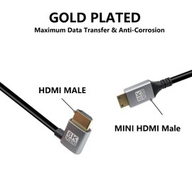 RIIEYOCA 90 Degree Left Angle UHD 8K HDMI Male to Mini HDMI Male 18Gbps High Speed 2.1 Extended Coil Cable Supports 8k@60Hz, 1080p, ARC, 3D, for DVR, HDTV, (Left Angle, 0.5M)