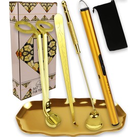 5IN1 Candle Accessory Kits,Candle Snuffer,Candle Wick Cutter Trimmer, Candle Wick Dipper, Rechargeable Candle Lighter, Storage Tray Plate with Gift Bag, Candle Care Kit for Candle Lover Gift (Golden)