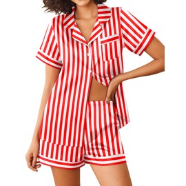 Ekouaer Womens Silk Satin Pajamas Sets 2 Piece Short Sleeve Sleepwear Button Down Top and Shorts Pjs Lounge Wear Sets,Red Striped,XXL