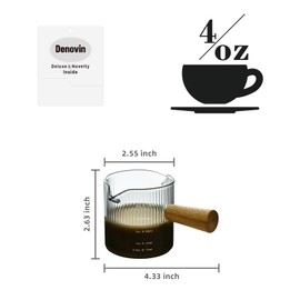 Denovin Glass Measuring Cup, 4oz Espresso Shot Glass with Wood Handle, Double Spouts Measuring Triple Pitcher Milk Cup for Coffee Tea (Gray Ribbed）