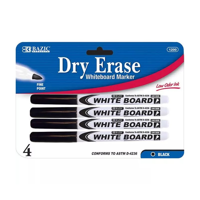 Bazic Fine Tip Dry Erase Whiteboard Black Marker 12 PCS