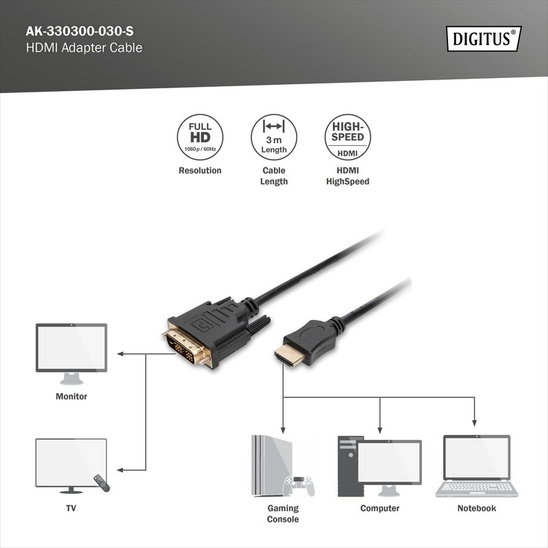 Digitus AK-330300-030-S 3.0m Type A Male - DVI-D(18+1) Male HDMI