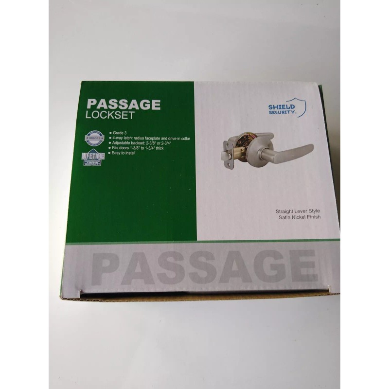 Shield Security Passage Lockset Straight-Lever Style Satin Nickel Finish. New.