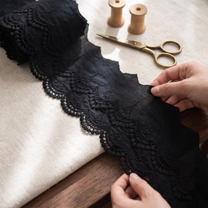Black Embroidered Lace Trim, 14cm Width 2 Yards Soft Cotton
