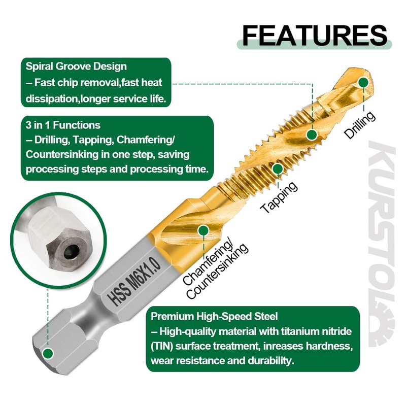 KURSTOL HSS Tap Set – 6 Pieces M3-M10 Combination Drill