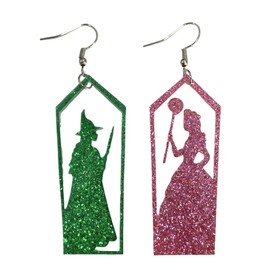Cute Pair of Good Witch, Bad Witch Earrings for Women. Fun Pair of Wicked Witch Earrings for Women. Glinda Style Earrings for Women. Green Crystal Shaped Earrings for Women. Witch/ Glinda Earrings for