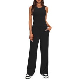 Darong Women's Two Piece Outfits Lounge Sets Ruched Sleeveless Pullover Tops and Elastic Waisted Pants Tracksuit Sets 9054B Black L