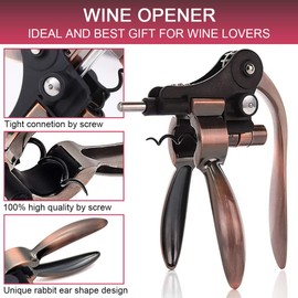 QONYFONE Wine Opener, Rabbit Corkscrew with Elegant Wooden Box, Premium 9-Piece Set, Includes Wine Stopper, Foil Cutter, Aerator, Quick and Easy Cork Extraction for Wine Lovers, Bronze