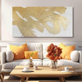 Gold Abstract Wall Art White and Gold Modern Framed Painting Texture Artwork for Living Room Office Dining Room Pictures 24x48 Inch Hand Painted