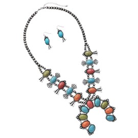 Rosemarie & Jubalee Women's Statement Western Howlite Squash Blossom Necklace Earrings Set, 27"-30" with 3" Extension