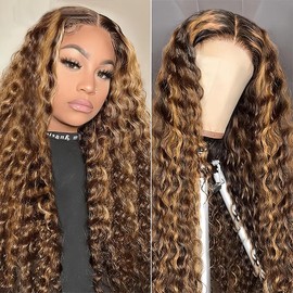 Highlight 4/27 HD Lace Front Human Hair Wig 13x4 13x6 Deep Wave Human Hair Wig 180% Density Pre Plucked with Baby Hair - Lace Tpye: 13x4 4/27 Deep Wig, Size: 28Inch