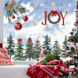 AnyDesign 6 Sheets Christmas Window Clings Red Xmas Ball Tree Branch Snow Reusable Window Decals for Winter Holiday Party Home Glass Window Decor