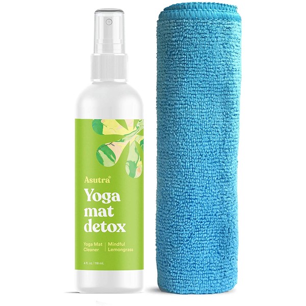 ASUTRA Natural & Organic Yoga Mat Cleaner (Mindful Lemongrass Aroma), 4 fl oz | Safe for All Mats & No Slippery Residue | Cleans, Restores, Refreshes | Comes w/Microfiber Cleaning Towel
